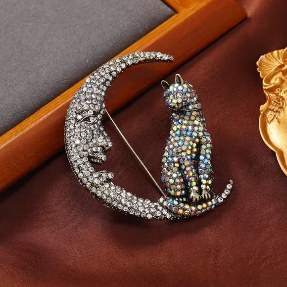 Betsey Johnson Crystal Cat Moon Brooch - Picture 3 of 6